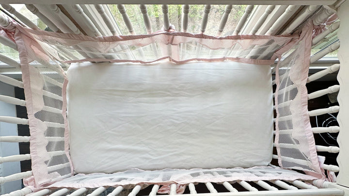 White and Baby Pink Ruffled Mesh Crib Liners handmade heirloom nursery - High Cotton Textile