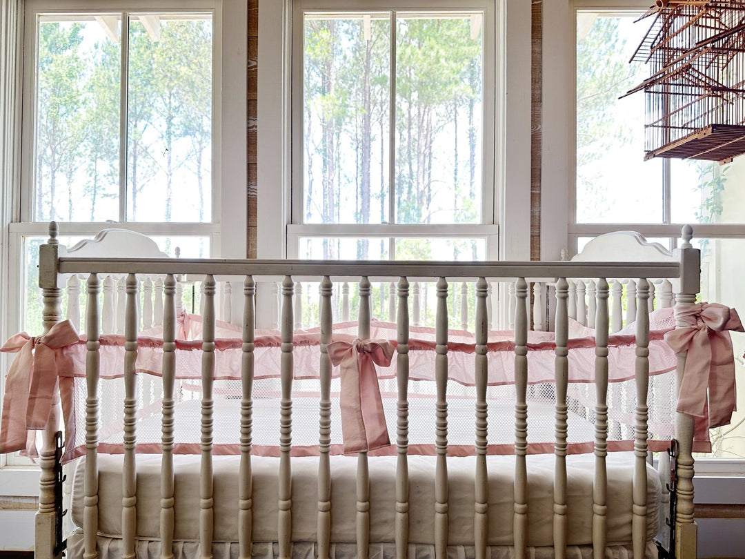 White and Baby Pink Ruffled Mesh Crib Liners handmade heirloom nursery - High Cotton Textile