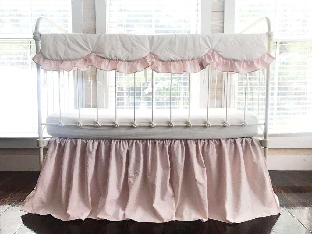 White and Baby Pink Scalloped Crib Rail Cover and Baby Pink Farmhouse Crib Skirt Set handmade heirloom nursery - High Cotton Textile