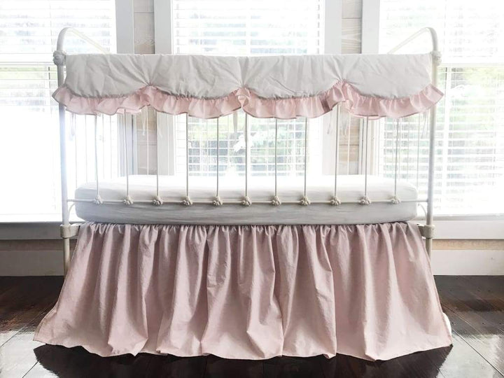White and Baby Pink Scalloped Crib Rail Cover and Baby Pink Farmhouse Crib Skirt Set handmade heirloom nursery - High Cotton Textile