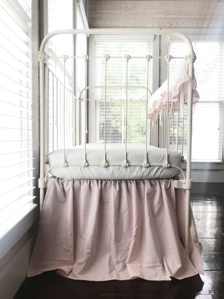 White and Baby Pink Scalloped Crib Rail Cover and Baby Pink Farmhouse Crib Skirt Set handmade heirloom nursery - High Cotton Textile