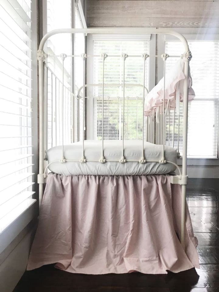 White and Baby Pink Scalloped Crib Rail Cover and Baby Pink Farmhouse Crib Skirt Set handmade heirloom nursery - High Cotton Textile