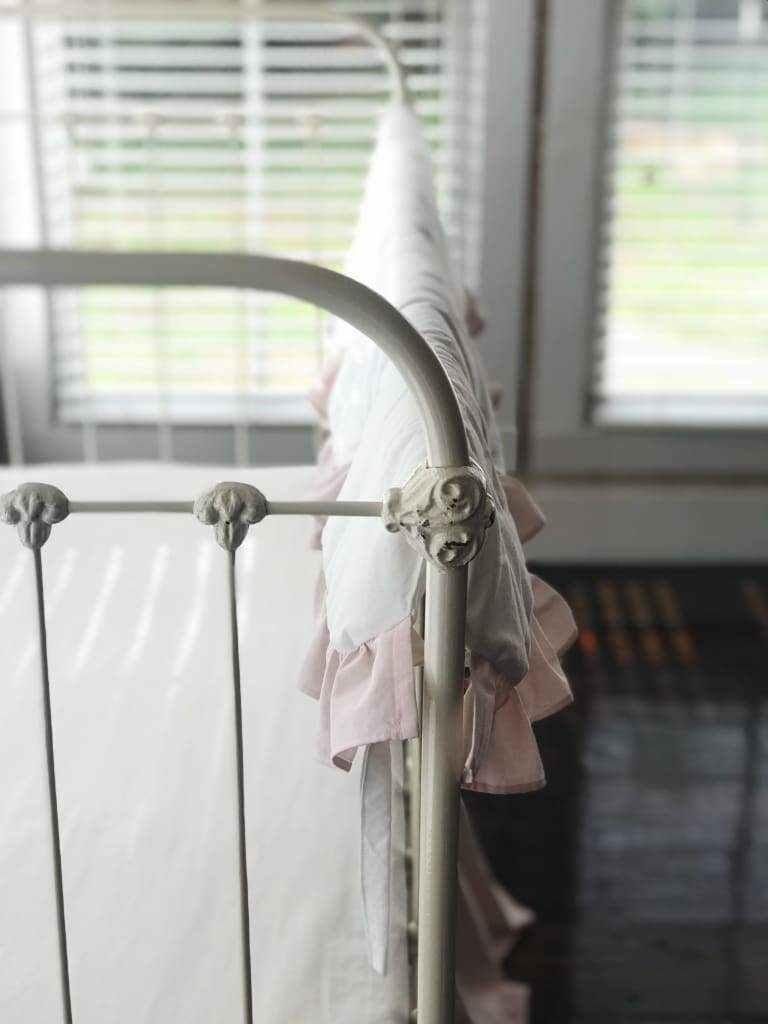 White and Baby Pink Scalloped Crib Rail Cover and Baby Pink Farmhouse Crib Skirt Set handmade heirloom nursery - High Cotton Textile