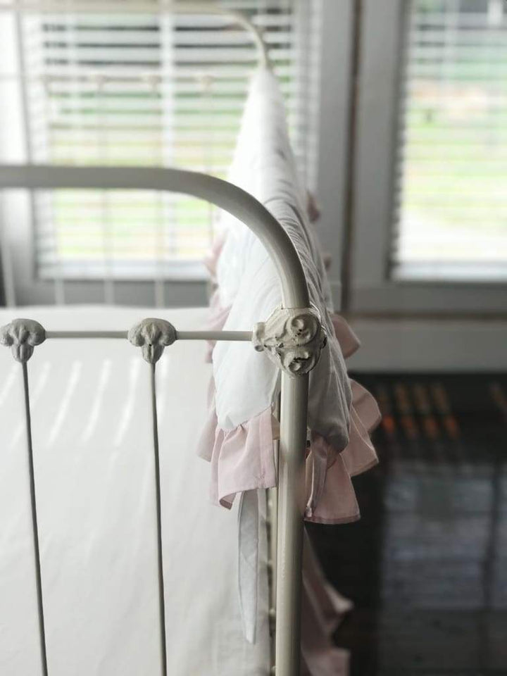 White and Baby Pink Scalloped Crib Rail Cover and Baby Pink Farmhouse Crib Skirt Set handmade heirloom nursery - High Cotton Textile