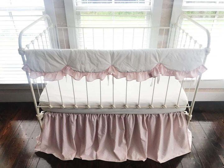 White and Baby Pink Scalloped Crib Rail Cover and Baby Pink Farmhouse Crib Skirt Set handmade heirloom nursery - High Cotton Textile