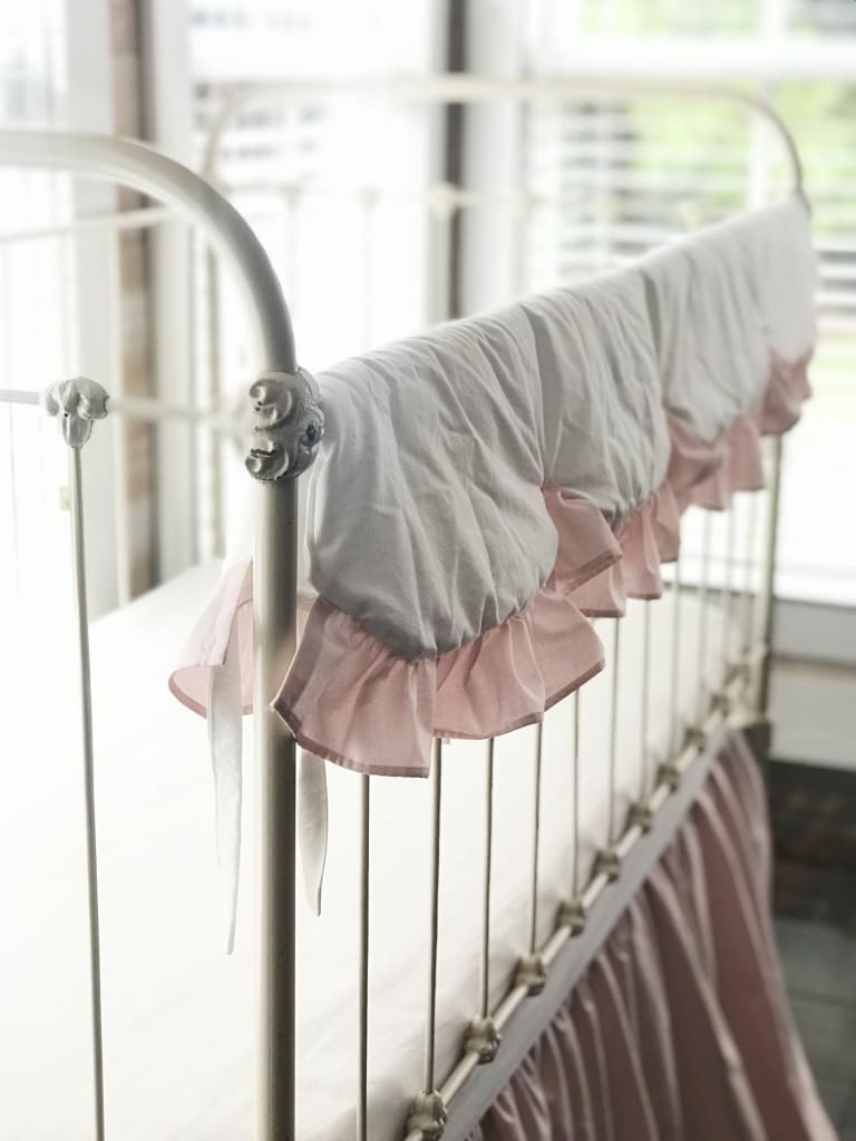 White and Baby Pink Scalloped Crib Rail Cover and Baby Pink Farmhouse Crib Skirt Set handmade heirloom nursery - High Cotton Textile