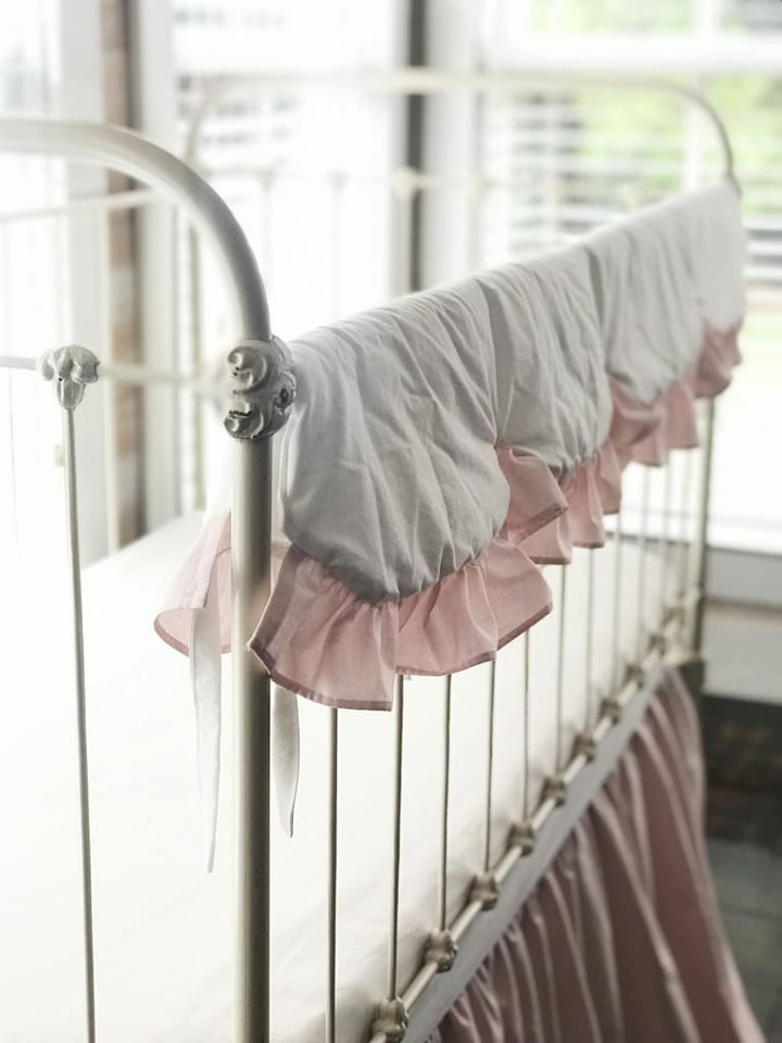 White and Baby Pink Scalloped Crib Rail Cover and Baby Pink Farmhouse Crib Skirt Set handmade heirloom nursery - High Cotton Textile