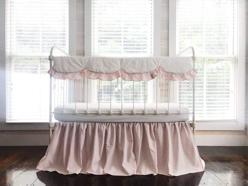 White and Baby Pink Scalloped Crib Rail Cover and Baby Pink Farmhouse Crib Skirt Set handmade heirloom nursery - High Cotton Textile