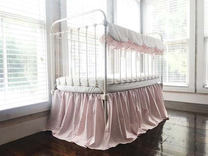 White and Baby Pink Scalloped Crib Rail Cover and Baby Pink Farmhouse Crib Skirt Set handmade heirloom nursery - High Cotton Textile