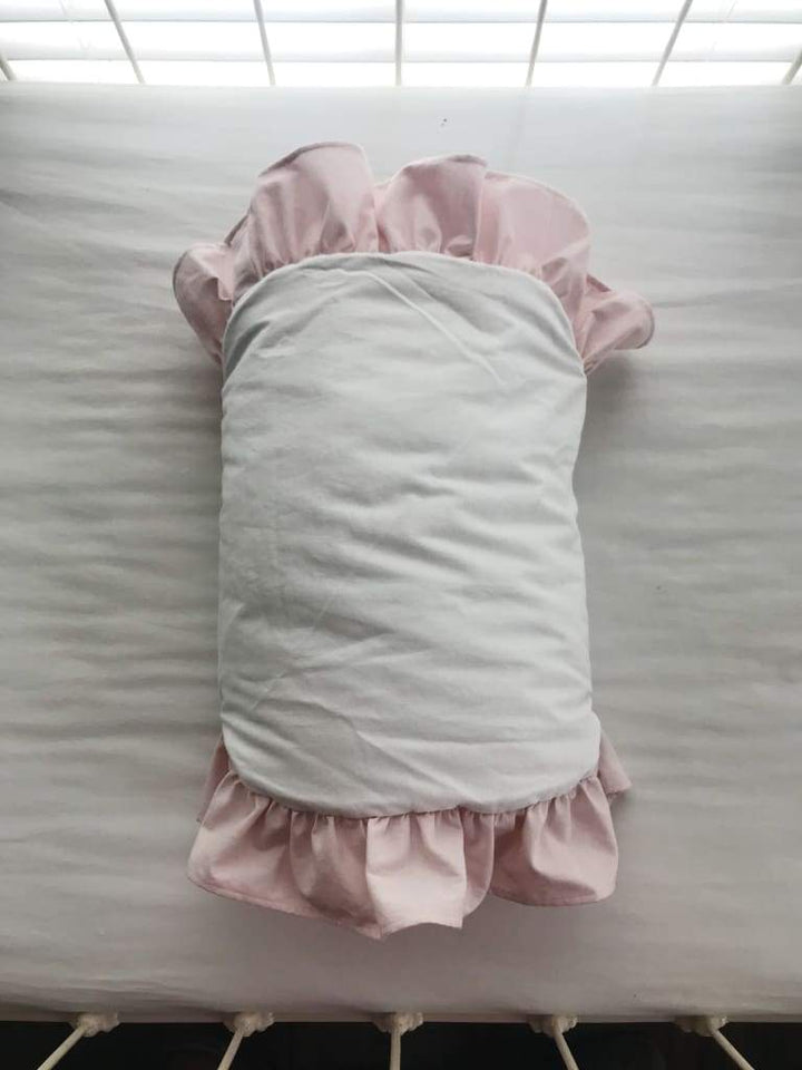White and Baby Pink Scalloped Crib Rail Cover and Farmhouse Crib Skirt Set with Bows handmade heirloom nursery - High Cotton Textile