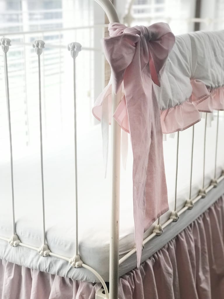 White and Baby Pink Scalloped Crib Rail Cover and Farmhouse Crib Skirt Set with Bows handmade heirloom nursery - High Cotton Textile