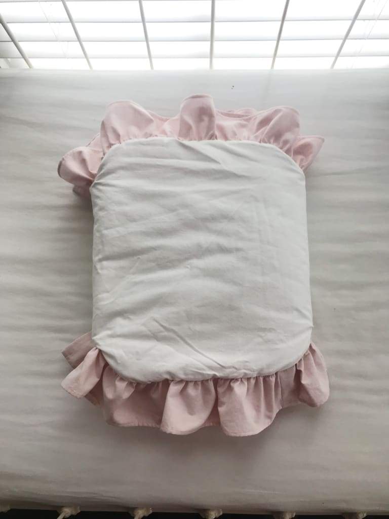 White and Baby Pink Scalloped Crib Rail Cover and Farmhouse Crib Skirt Set with Bows handmade heirloom nursery - High Cotton Textile