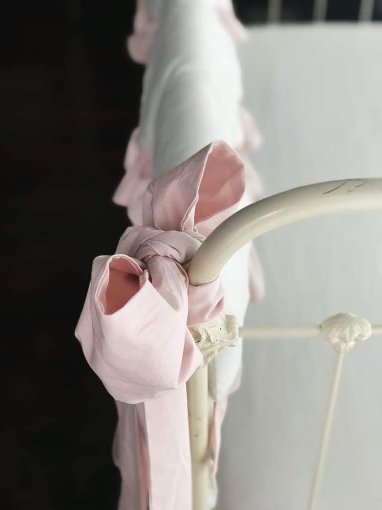 White and Baby Pink Scalloped Crib Rail Cover and Farmhouse Crib Skirt Set with Bows handmade heirloom nursery - High Cotton Textile