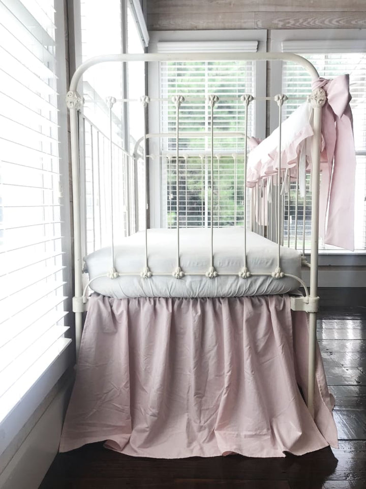 White and Baby Pink Scalloped Crib Rail Cover and Farmhouse Crib Skirt Set with Bows handmade heirloom nursery - High Cotton Textile