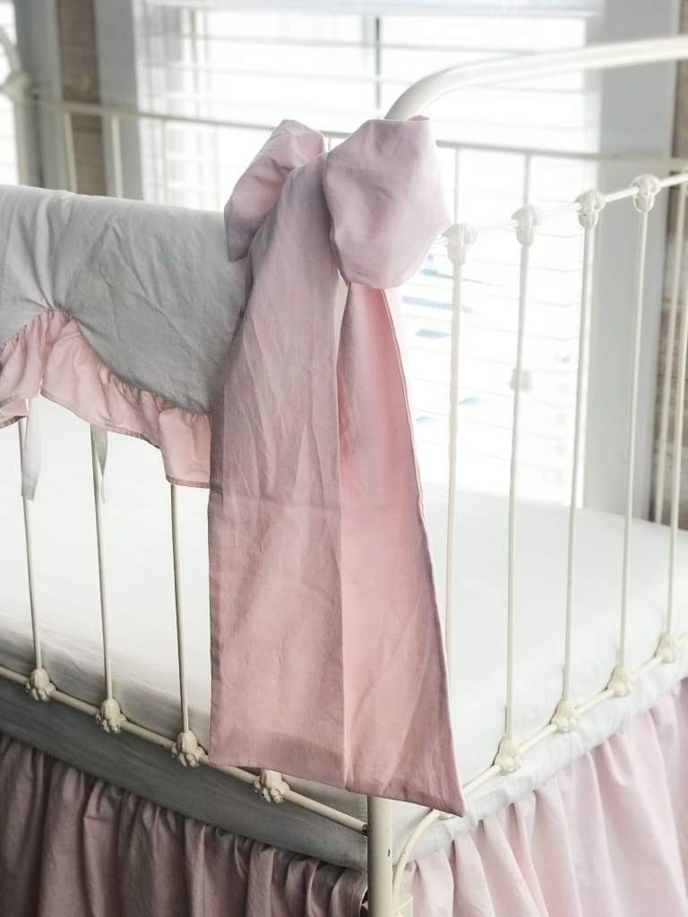 White and Baby Pink Scalloped Crib Rail Cover and Farmhouse Crib Skirt Set with Bows handmade heirloom nursery - High Cotton Textile