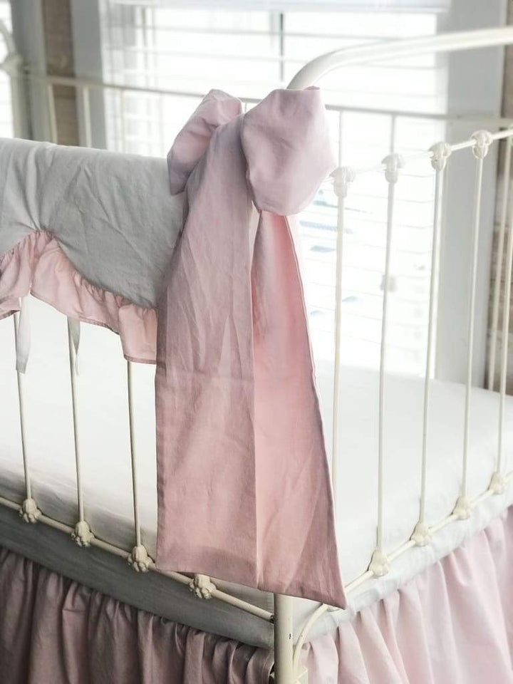 White and Baby Pink Scalloped Crib Rail Cover and Farmhouse Crib Skirt Set with Bows handmade heirloom nursery - High Cotton Textile