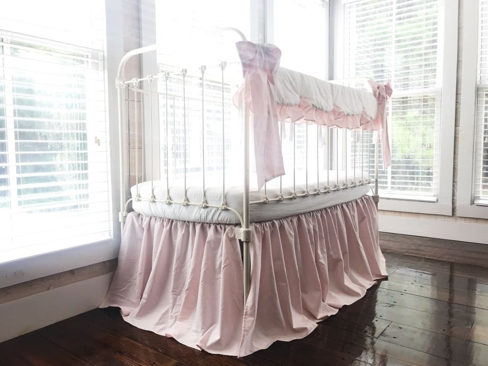 White and Baby Pink Scalloped Crib Rail Cover and Farmhouse Crib Skirt Set with Bows handmade heirloom nursery - High Cotton Textile