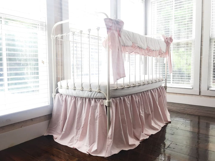 White and Baby Pink Scalloped Crib Rail Cover and Farmhouse Crib Skirt Set with Bows handmade heirloom nursery - High Cotton Textile