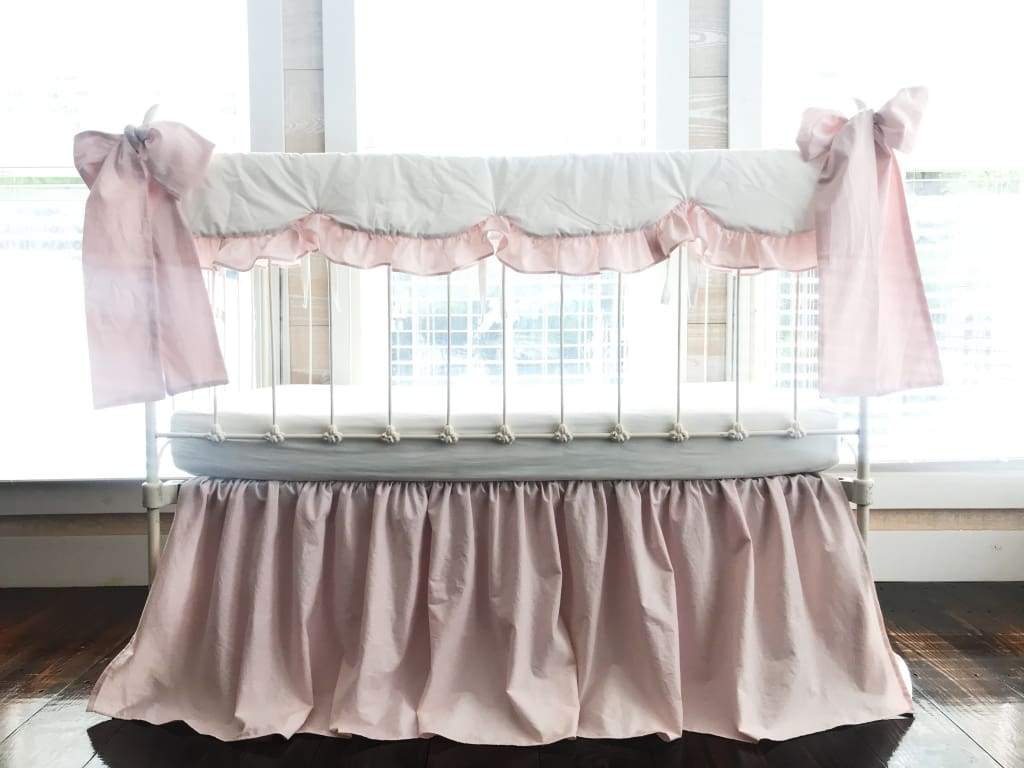 White and Baby Pink Scalloped Crib Rail Cover and Farmhouse Crib Skirt Set with Bows handmade heirloom nursery - High Cotton Textile