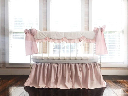 White and Baby Pink Scalloped Crib Rail Cover and Farmhouse Crib Skirt Set with Bows handmade heirloom nursery - High Cotton Textile