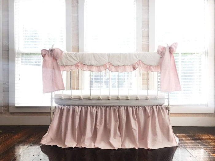 White and Baby Pink Scalloped Crib Rail Cover and Farmhouse Crib Skirt Set with Bows handmade heirloom nursery - High Cotton Textile