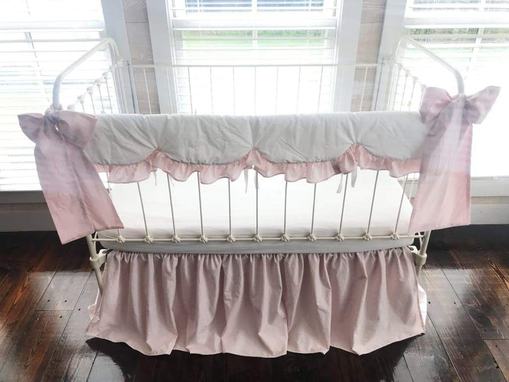 White and Baby Pink Scalloped Crib Rail Cover and Farmhouse Crib Skirt Set with Bows handmade heirloom nursery - High Cotton Textile