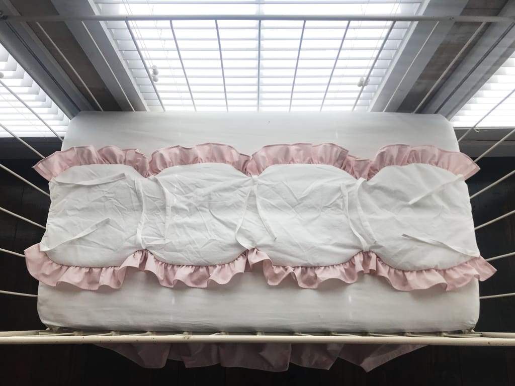 White and Baby Pink Scalloped Crib Rail Cover and Farmhouse Crib Skirt Set with Bows handmade heirloom nursery - High Cotton Textile