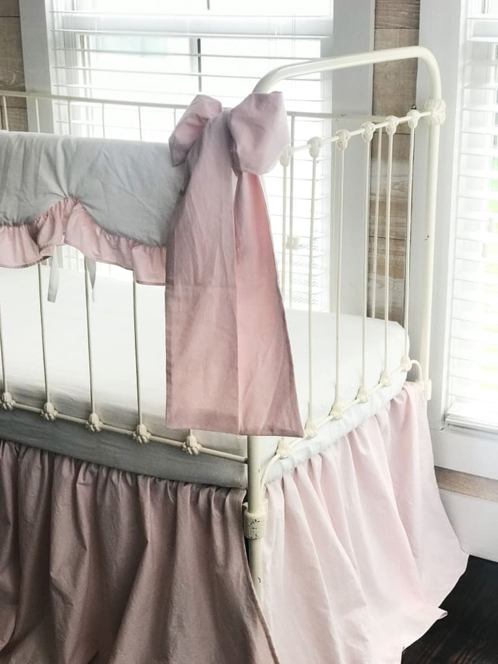 White and Baby Pink Scalloped Crib Rail Cover and Farmhouse Crib Skirt Set with Bows handmade heirloom nursery - High Cotton Textile