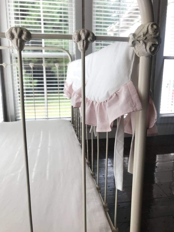 White and Baby Pink Scalloped Crib Rail Cover – Handmade Luxury Nursery Bedding handmade heirloom nursery - High Cotton Textile
