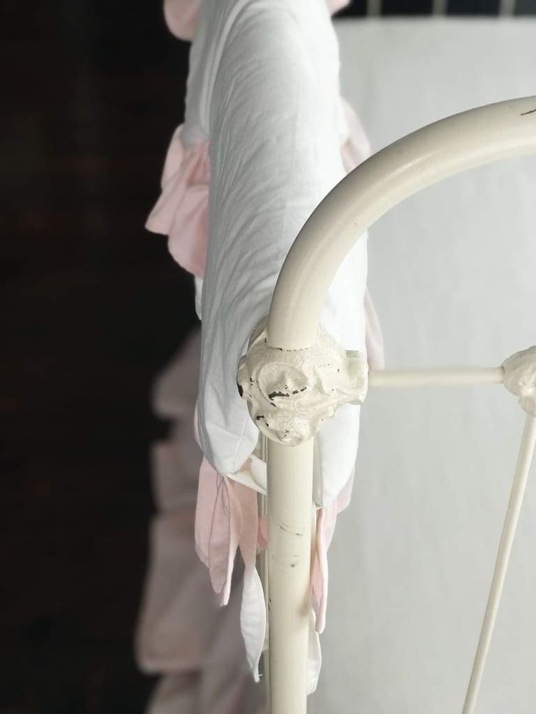 White and Baby Pink Scalloped Crib Rail Cover – Handmade Luxury Nursery Bedding handmade heirloom nursery - High Cotton Textile