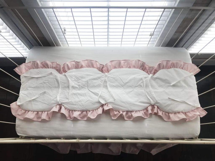 White and Baby Pink Scalloped Crib Rail Cover – Handmade Luxury Nursery Bedding handmade heirloom nursery - High Cotton Textile