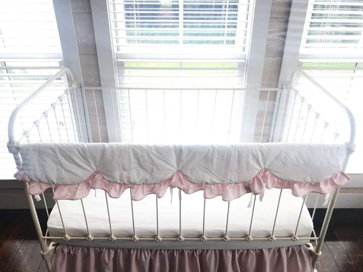 White and Baby Pink Scalloped Crib Rail Cover – Handmade Luxury Nursery Bedding handmade heirloom nursery - High Cotton Textile