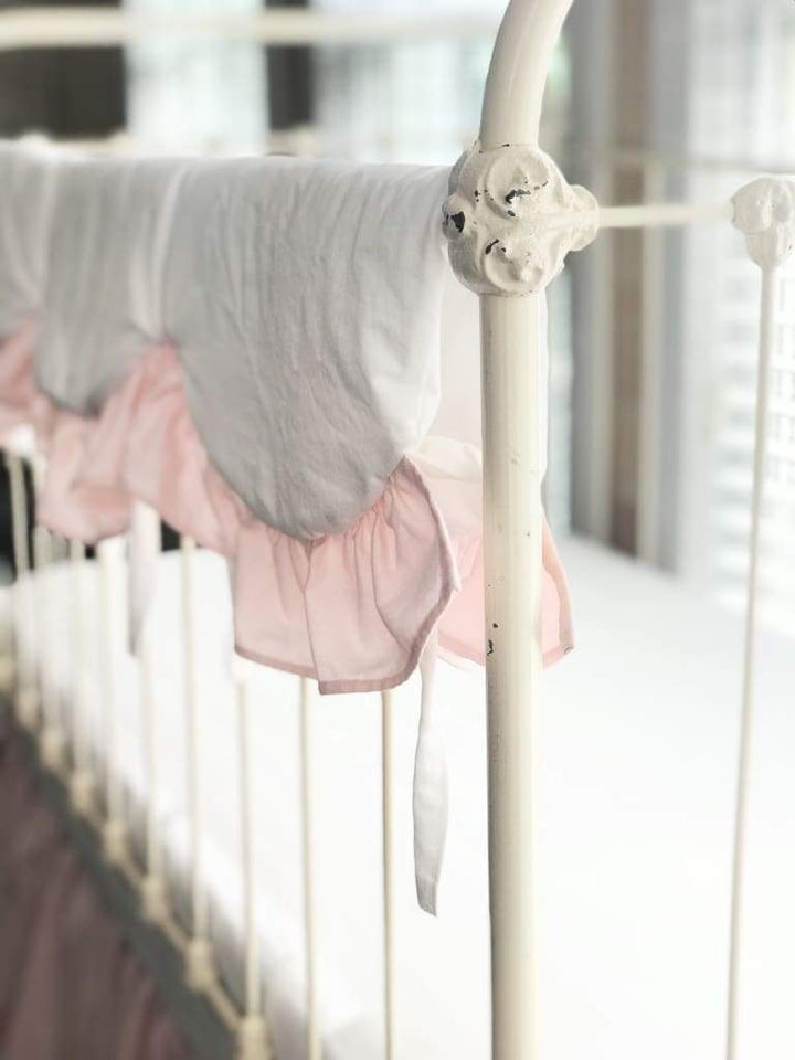 White and Baby Pink Scalloped Crib Rail Cover – Handmade Luxury Nursery Bedding handmade heirloom nursery - High Cotton Textile