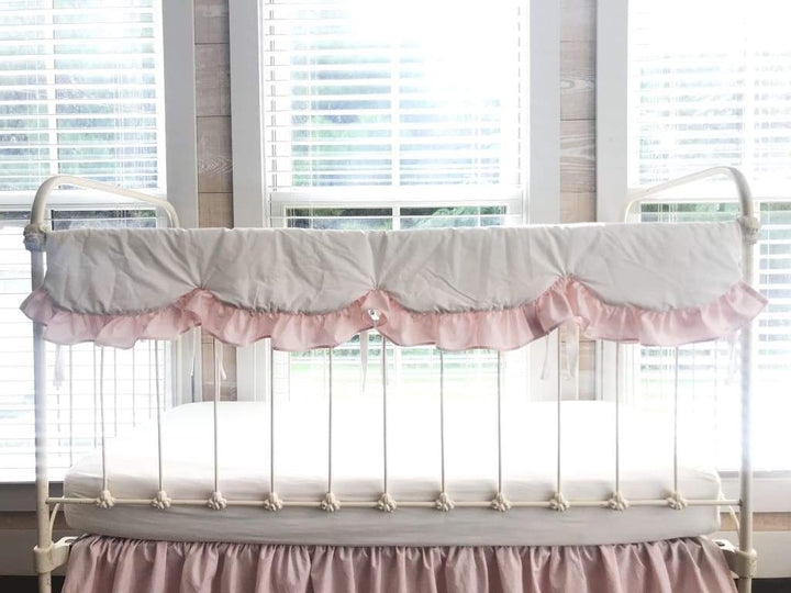 White and Baby Pink Scalloped Crib Rail Cover – Handmade Luxury Nursery Bedding handmade heirloom nursery - High Cotton Textile