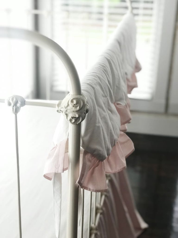 White and Baby Pink Scalloped Crib Rail Cover – Handmade Luxury Nursery Bedding handmade heirloom nursery - High Cotton Textile