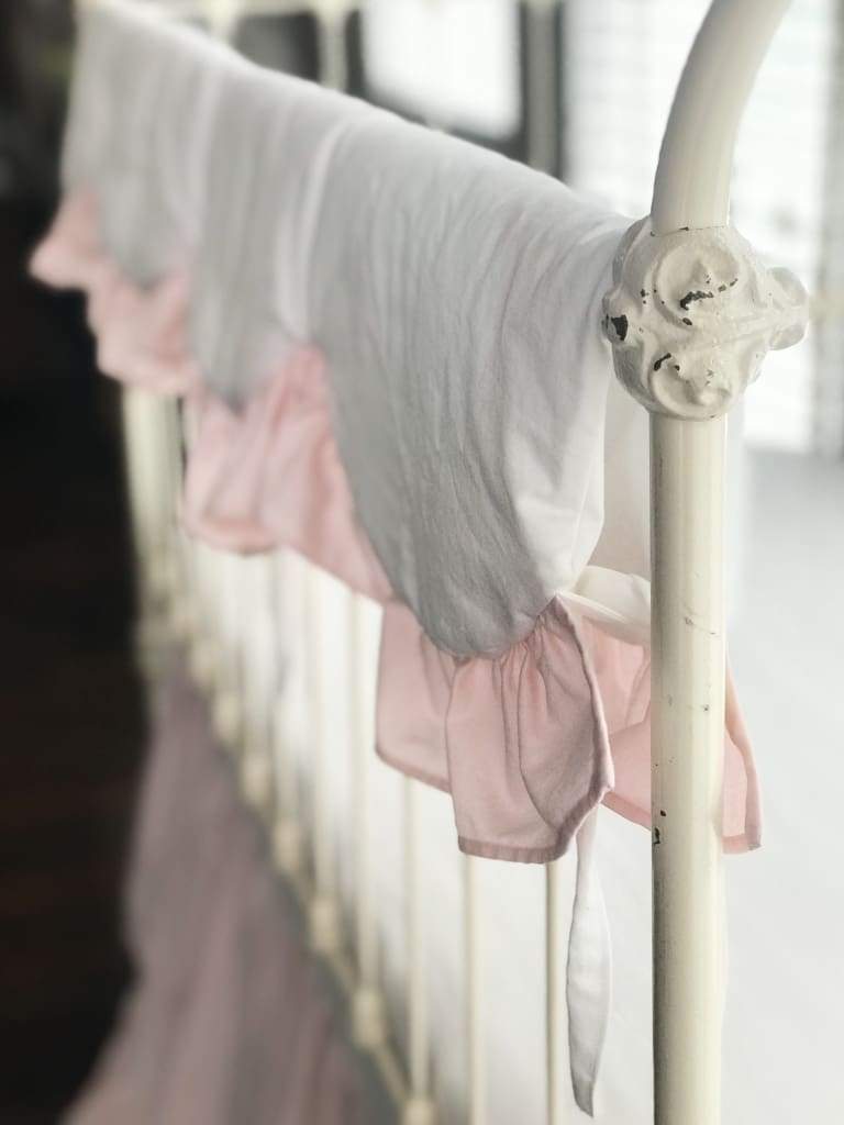 White and Baby Pink Scalloped Crib Rail Cover – Handmade Luxury Nursery Bedding handmade heirloom nursery - High Cotton Textile