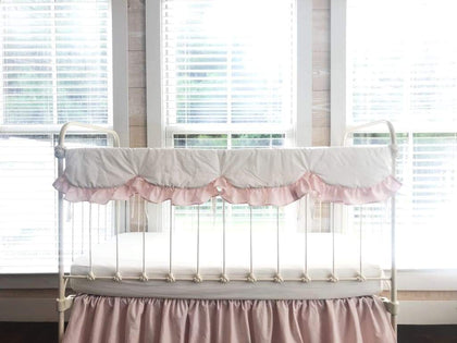White and Baby Pink Scalloped Crib Rail Cover – Handmade Luxury Nursery Bedding handmade heirloom nursery - High Cotton Textile