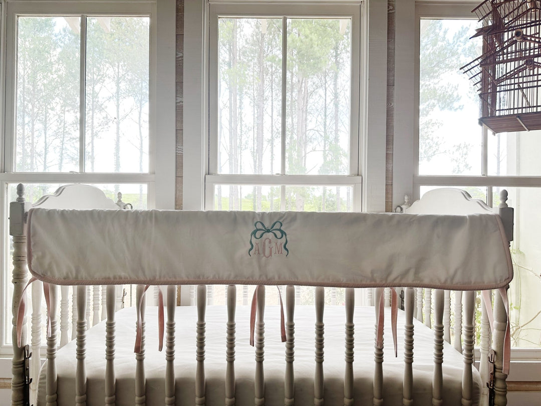 White and Baby Pink Tailored Crib Rail Cover handmade heirloom nursery - High Cotton Textile
