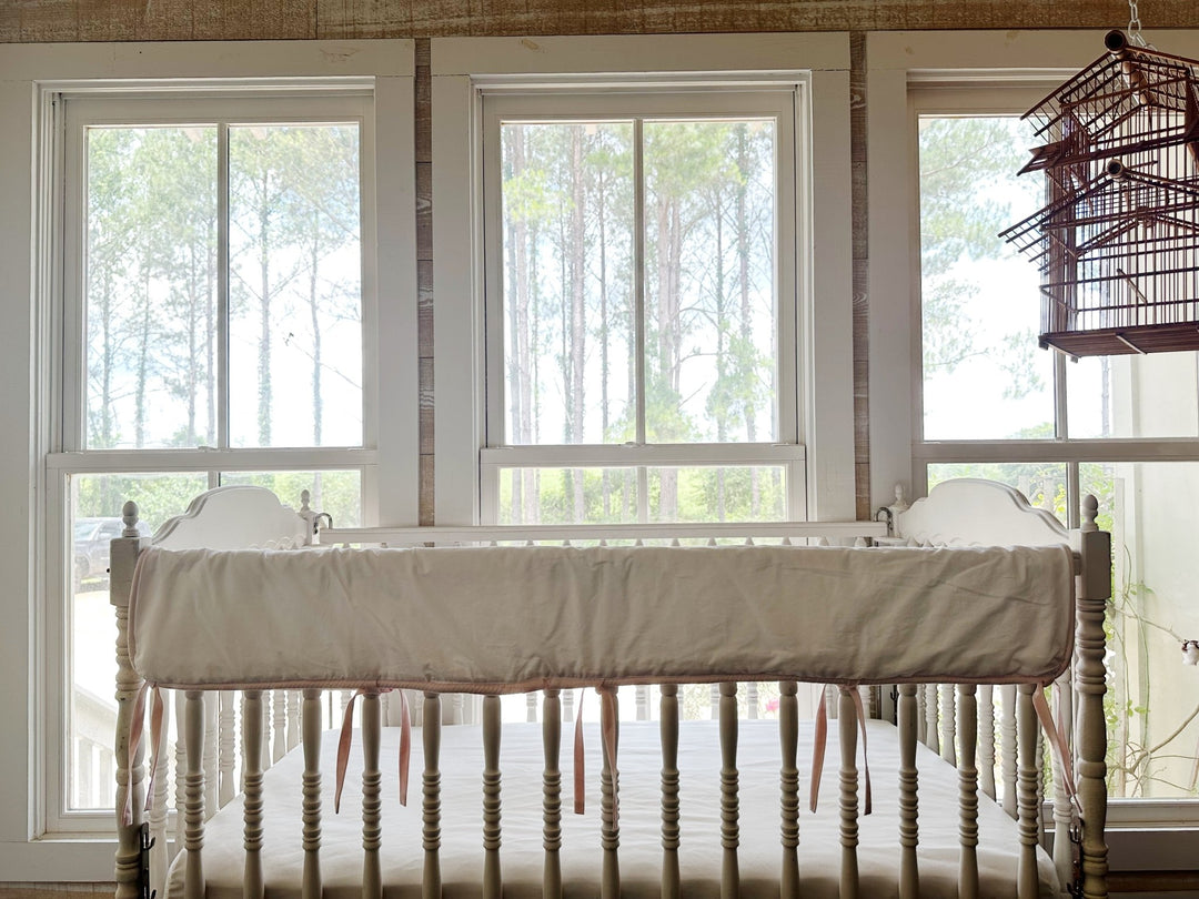 White and Baby Pink Tailored Crib Rail Cover handmade heirloom nursery - High Cotton Textile