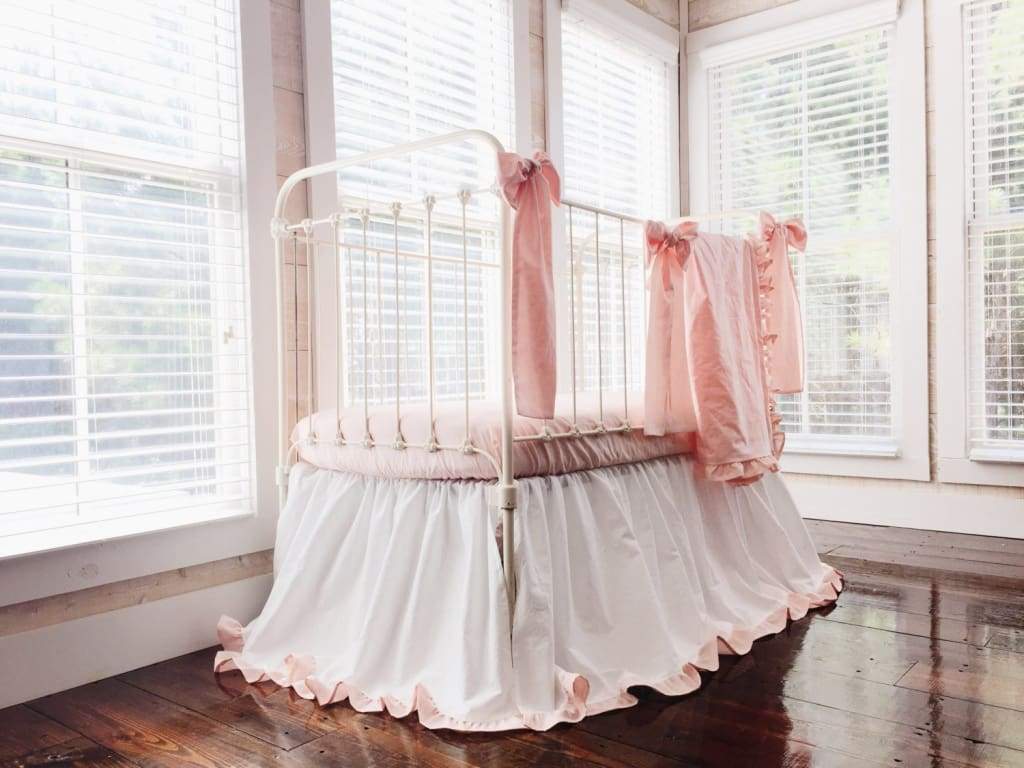 White and Ballet Slipper Ruffled Crib Set for Girls handmade heirloom nursery - High Cotton Textile