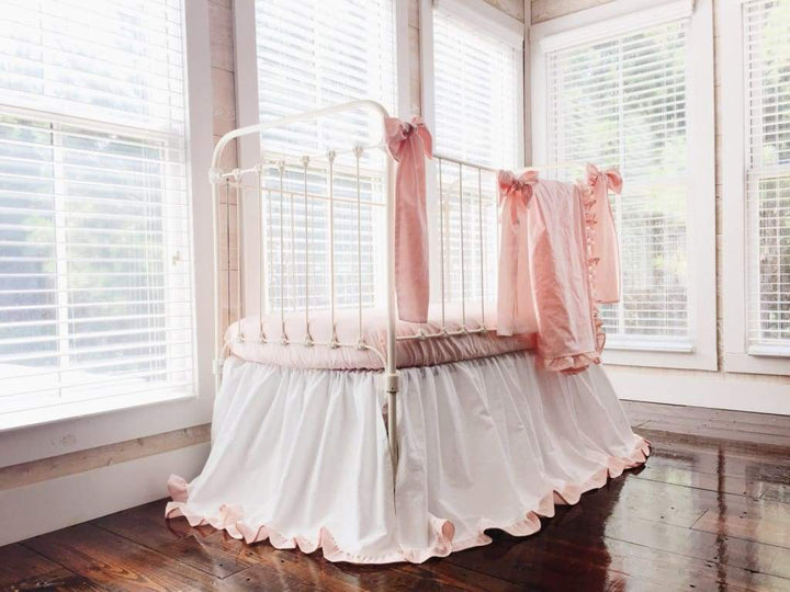 White and Ballet Slipper Ruffled Crib Set for Girls handmade heirloom nursery - High Cotton Textile
