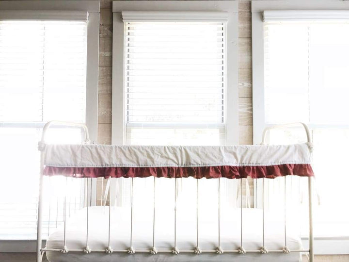 White and Blush Ruffled Crib Rail Cover handmade heirloom nursery - High Cotton Textile