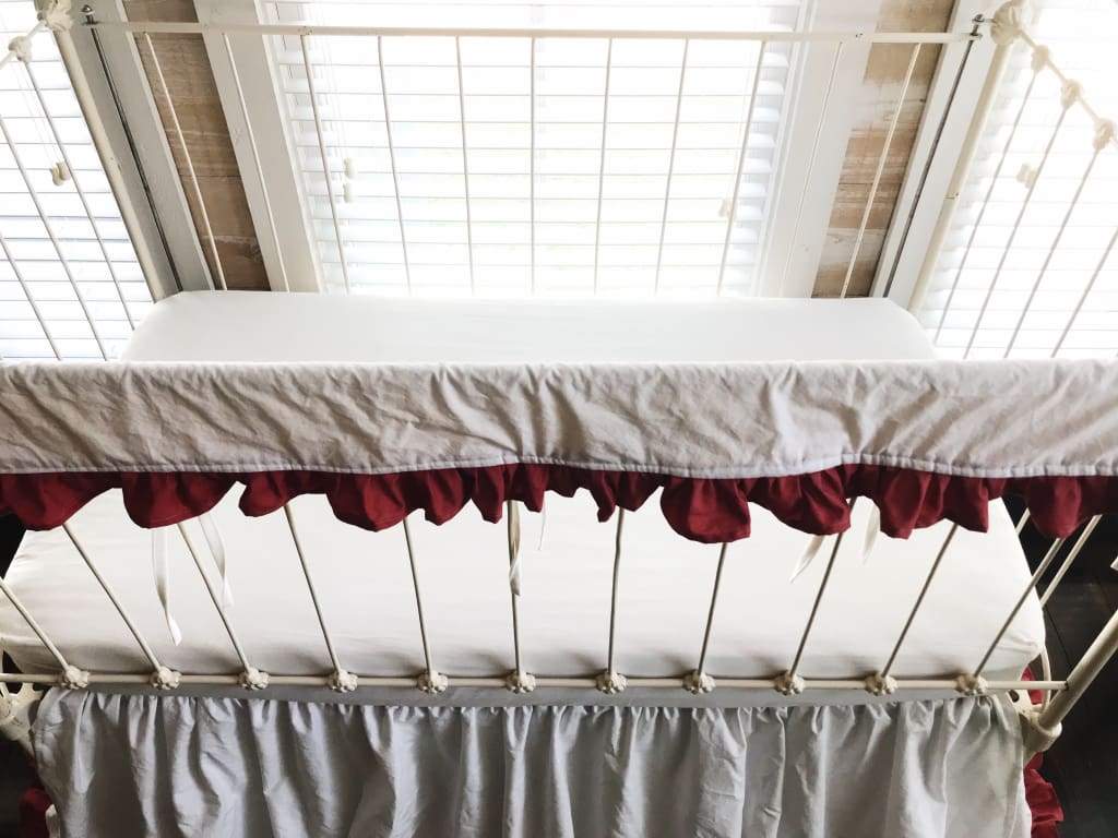 White and Blush Ruffled Crib Rail Cover handmade heirloom nursery - High Cotton Textile