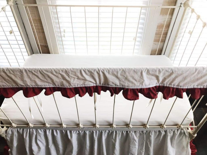 White and Blush Ruffled Crib Rail Cover handmade heirloom nursery - High Cotton Textile