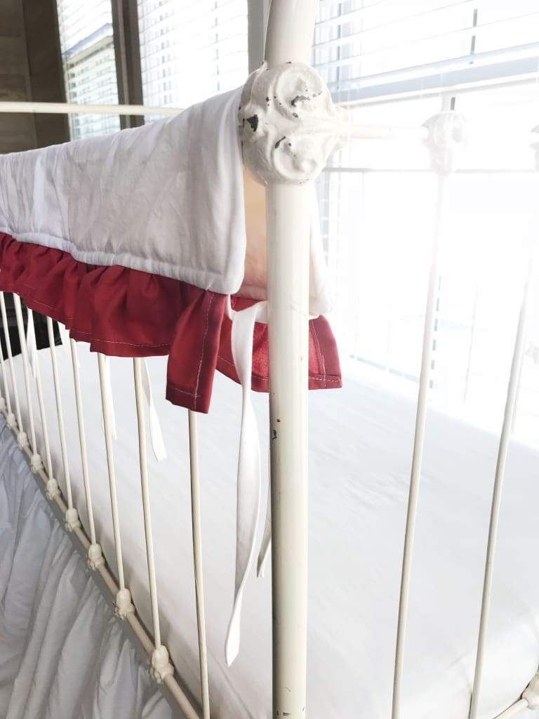 White and Blush Ruffled Crib Rail Cover handmade heirloom nursery - High Cotton Textile