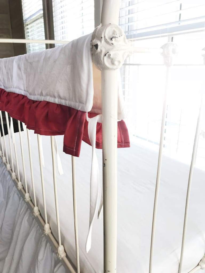 White and Blush Ruffled Crib Rail Cover handmade heirloom nursery - High Cotton Textile