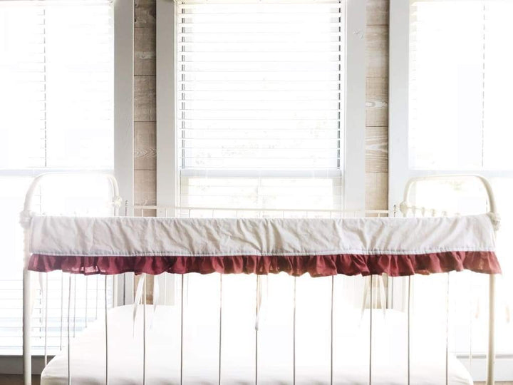 White and Blush Ruffled Crib Rail Cover handmade heirloom nursery - High Cotton Textile
