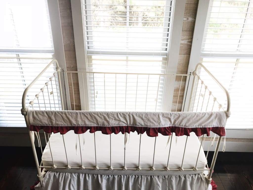 White and Blush Ruffled Crib Rail Cover handmade heirloom nursery - High Cotton Textile