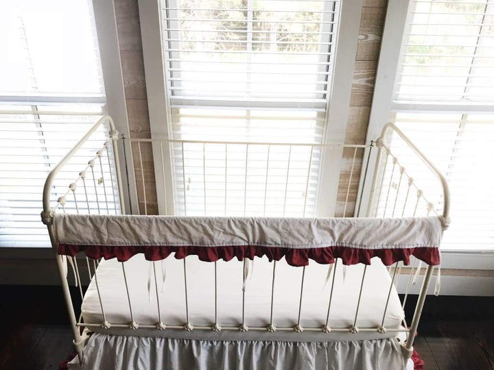 White and Blush Ruffled Crib Rail Cover handmade heirloom nursery - High Cotton Textile