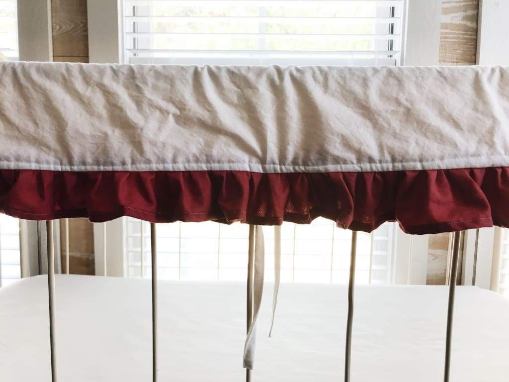 White and Blush Ruffled Crib Rail Cover and Skirt Set with Bows handmade heirloom nursery - High Cotton Textile